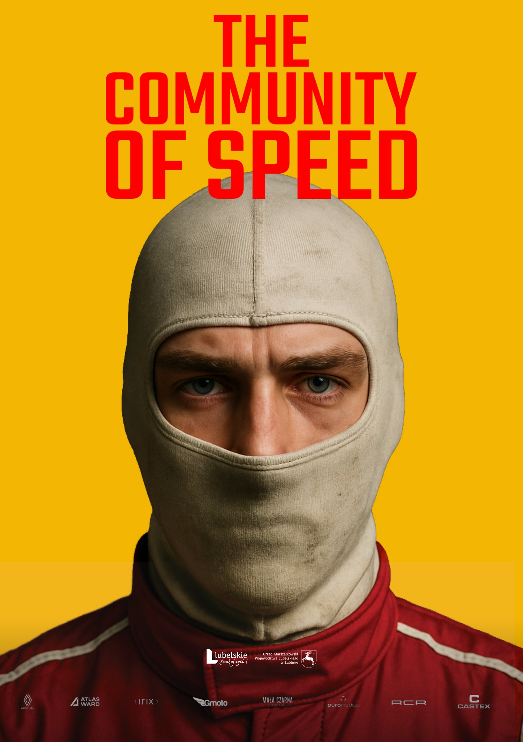 Plakat serialu The Community of Speed: kierowca w kominiarce na żółtym tle